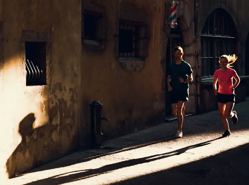 Guillaume Adam, coach running, en footing avec une coureuse dans le centre de Chambéry